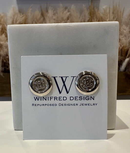 Silver Chanel Round Button Earrings