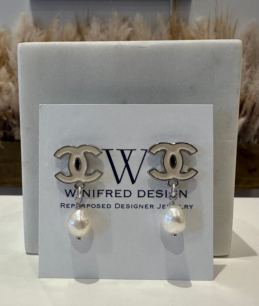 White Chanel Silver Earrings w/ Pearl Drop