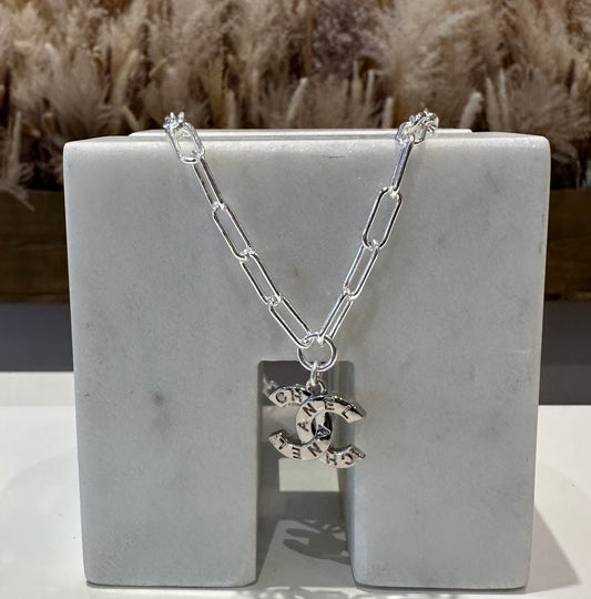 Silver Chanel Engraved Paperclip Necklace