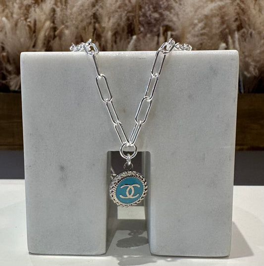 Aqua Chanel Button Post Silver Paperclip Necklace