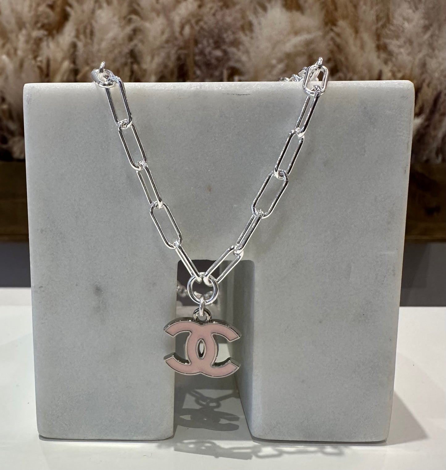 Pink Chanel Silver Paperclip Necklace