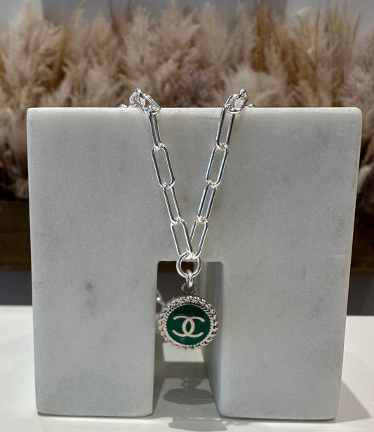 Green Chanel Button Post Silver Paperclip Necklace