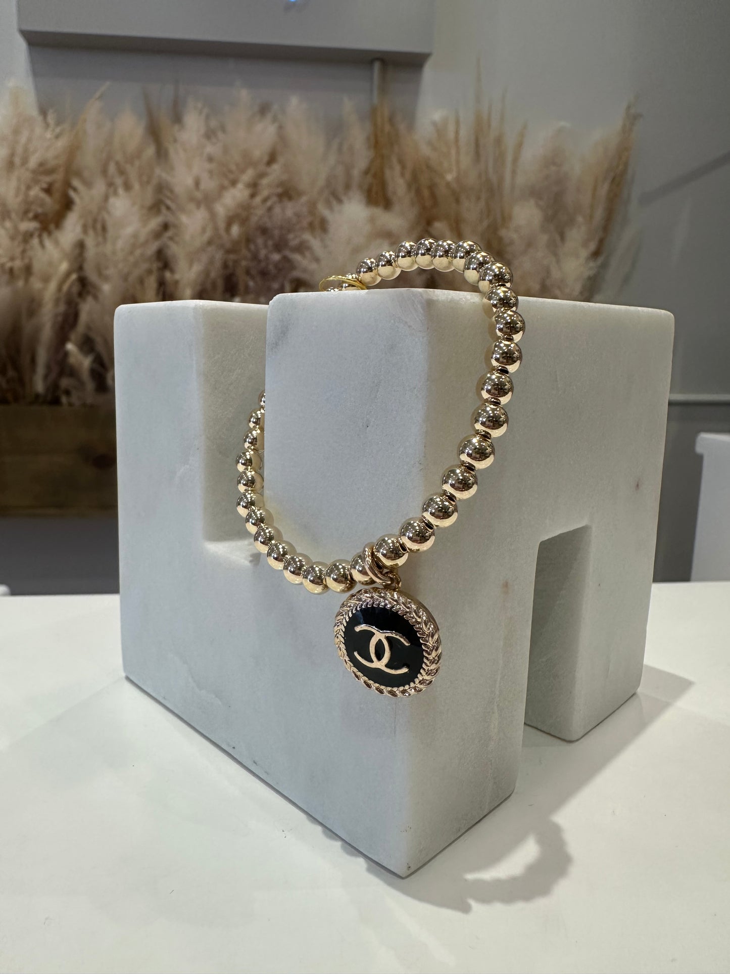 Black/Gold Chanel Button Post Beaded Bracelet