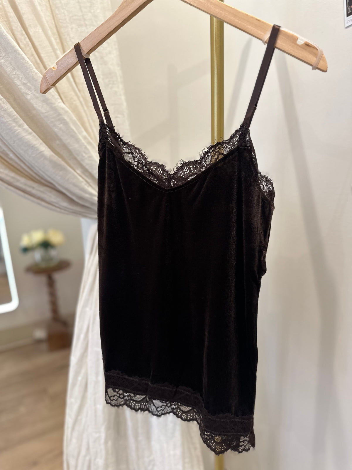 Velvet Lace Trim Spaghetti Cami Top