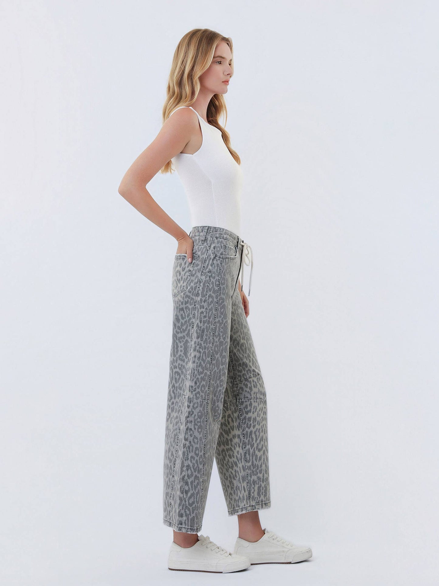 Kate Grey Leopard Barrel Drawstring Jeans