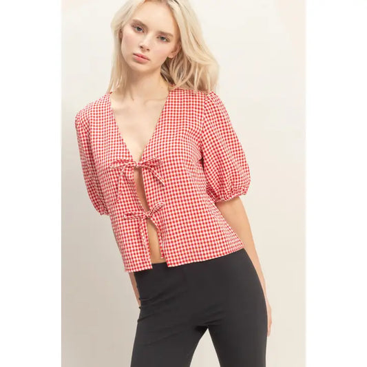 Gingham Bow Tie Puff Sleeve Blouse