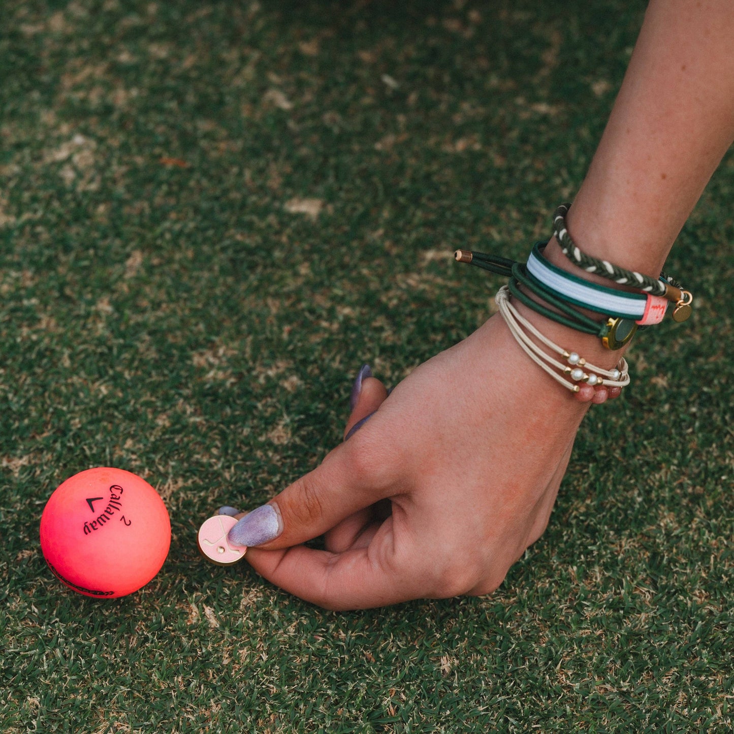"Tee Time" Green and Pink Hair Tie Bracelets with Removable Ball Marker