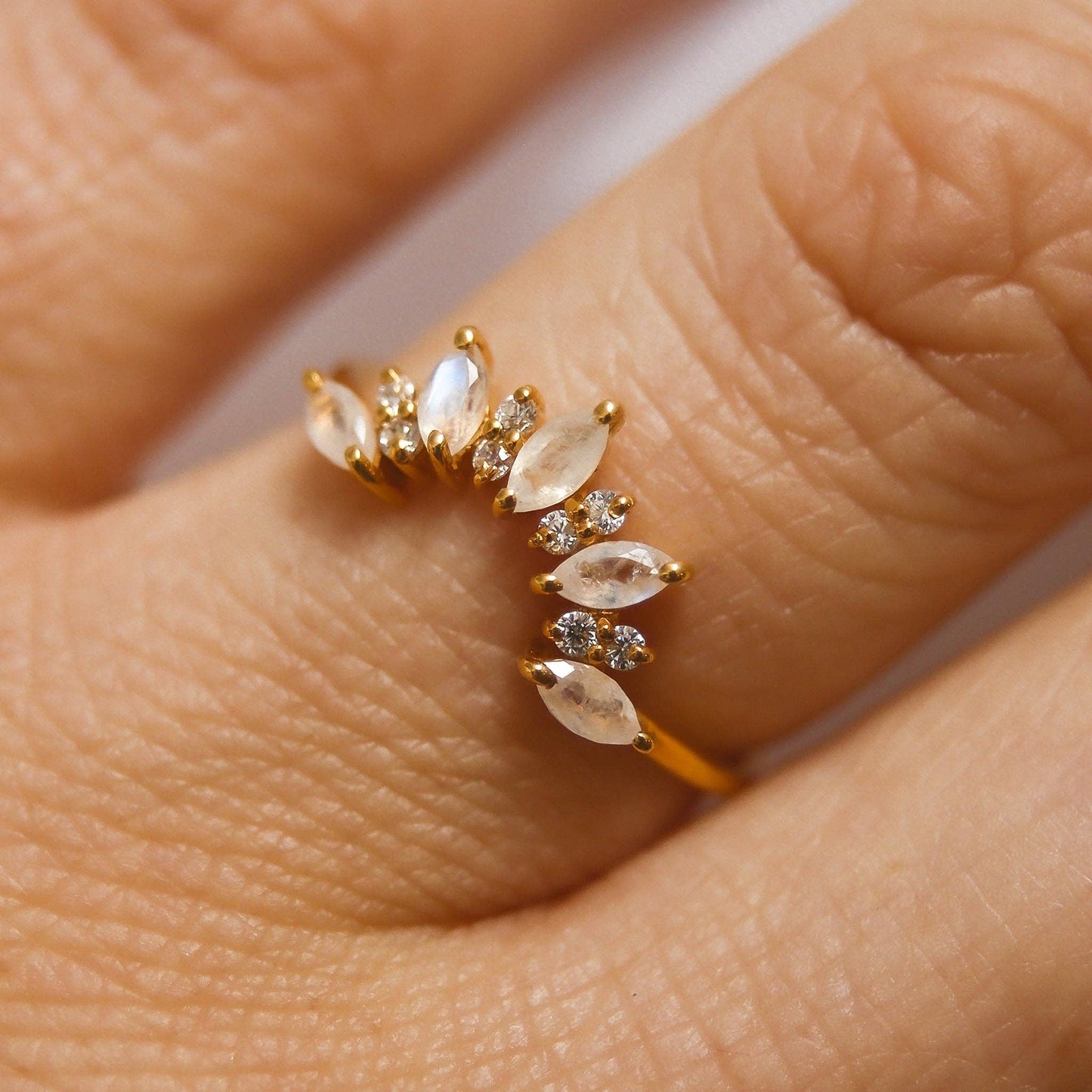 Rainbow Moonstone & Diamond Sunrise Arc Ring