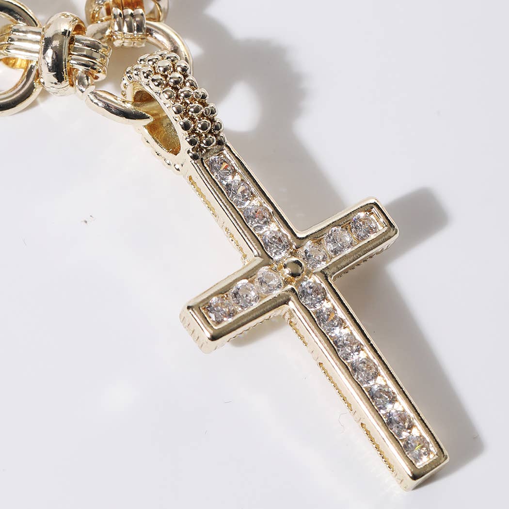 Gold Omega Link CZ Pave Cross Necklace