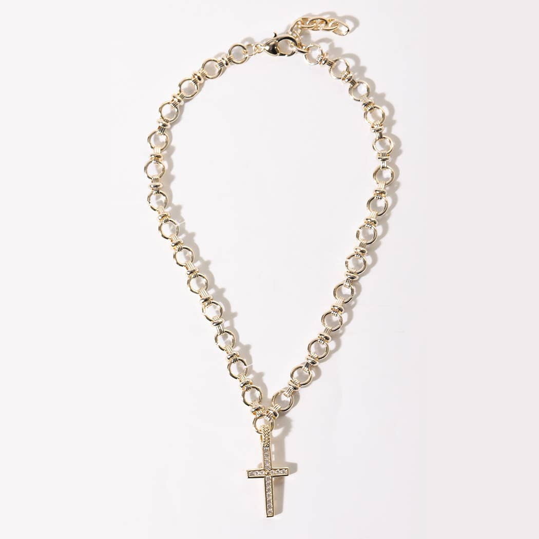 Gold Omega Link CZ Pave Cross Necklace