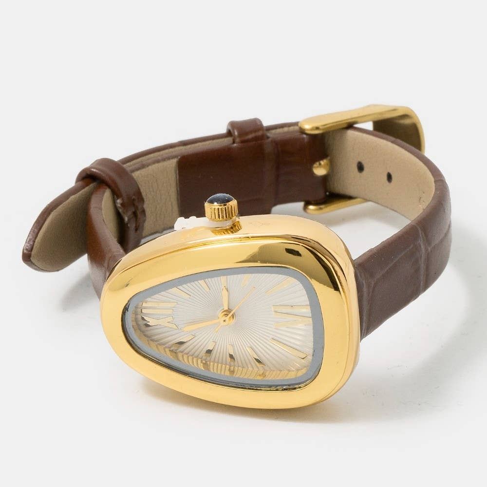 Oval Dome Case Croc Embossed Leather Strap Watch