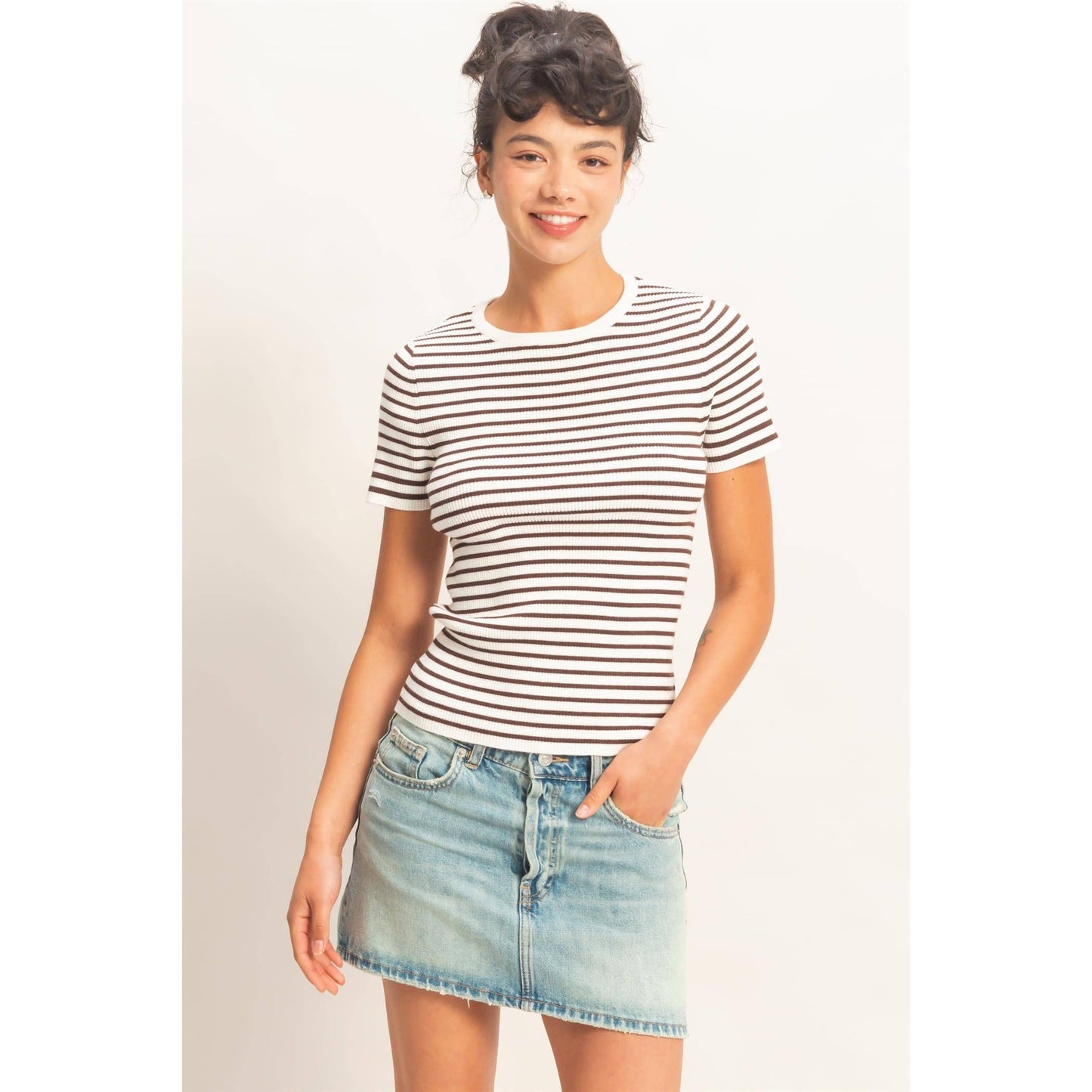 Annie Striped Ribbed Short Sleeve Crew Neck Knit Top