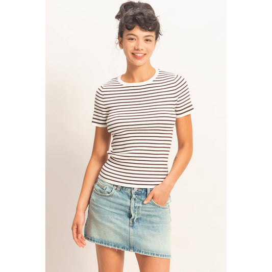 Annie Striped Ribbed Short Sleeve Crew Neck Knit Top