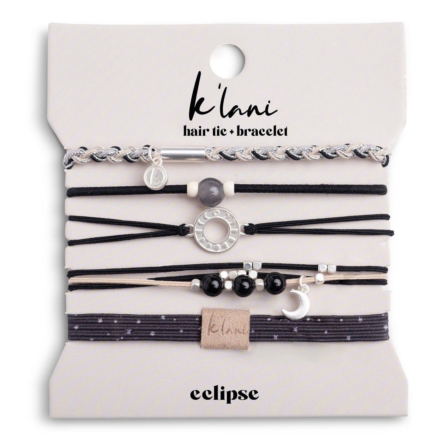 "Eclipse" Black, White & Grey with Silver Metallic & Moon Accent Hair Tie Bracelets