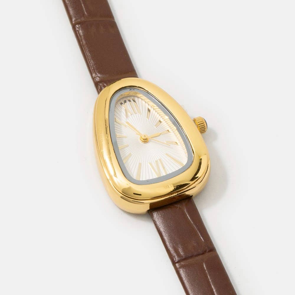 Oval Dome Case Croc Embossed Leather Strap Watch