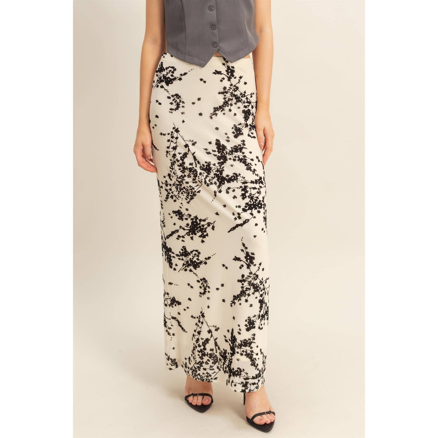 Floral Flocked Mesh Pencil Skirt