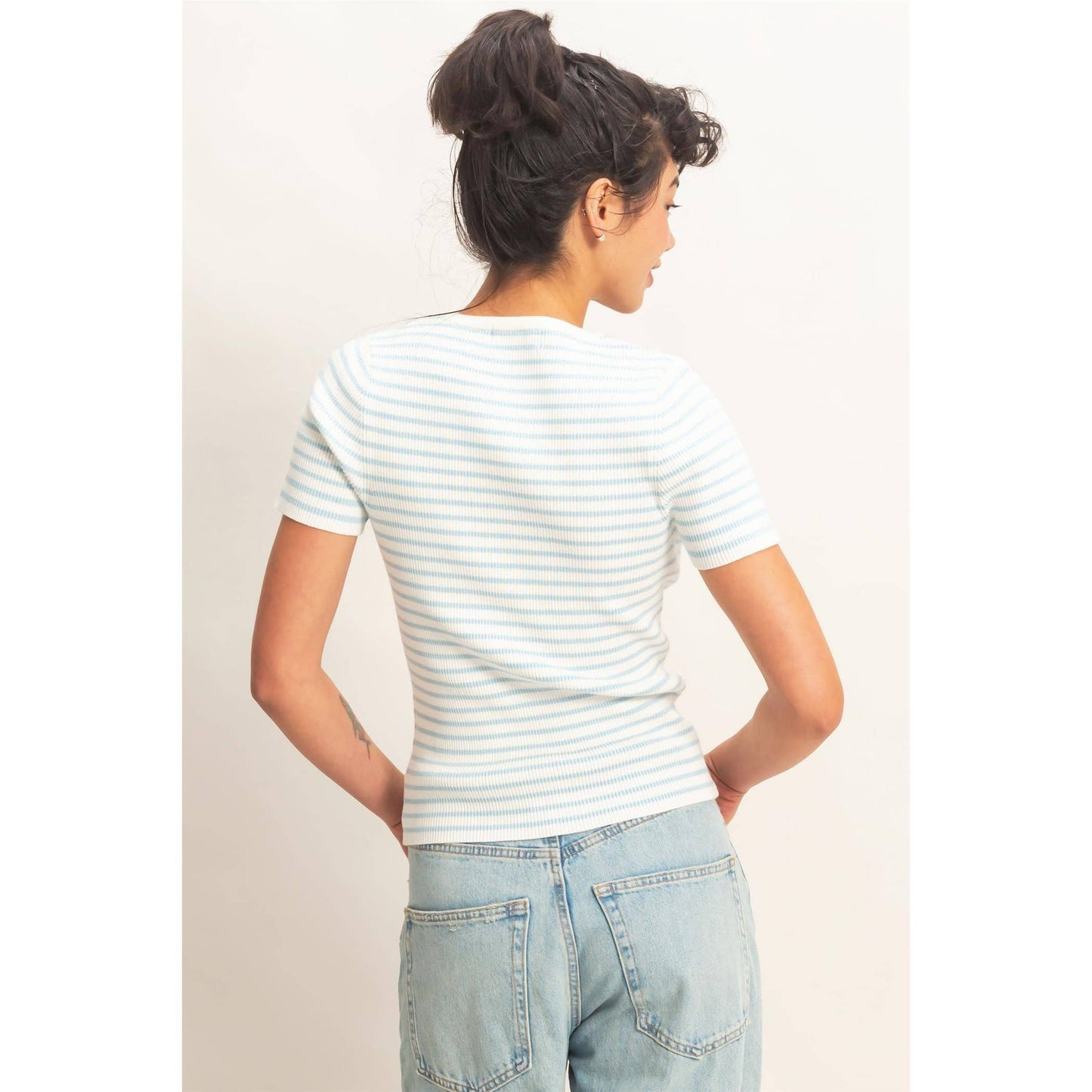 Annie Striped Ribbed Short Sleeve Crew Neck Knit Top