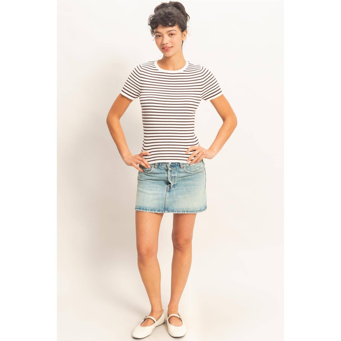 Annie Striped Ribbed Short Sleeve Crew Neck Knit Top