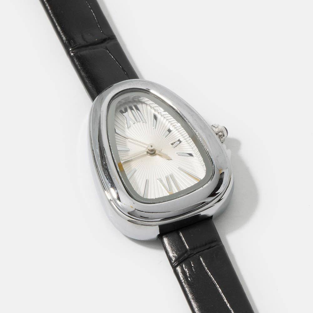 Oval Dome Case Croc Embossed Leather Strap Watch
