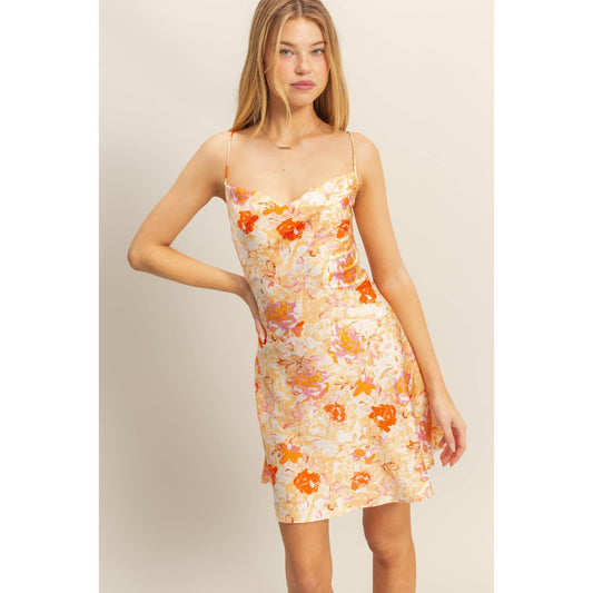 Floral Cowl Neck Flirty Satin Mini Dress