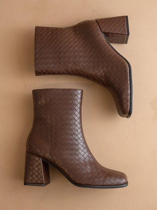 The Demi | Coffee Woven Block Heel Ankle Boot
